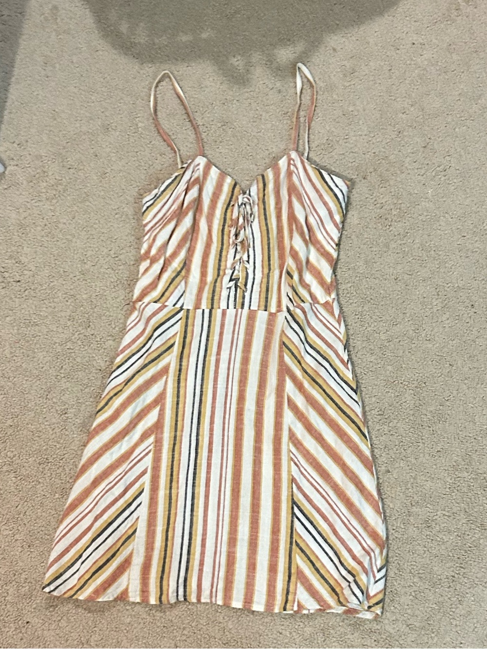 Aeropostale Striped Spaghetti Strap Dress in Rust, Mustard, Cream & Black